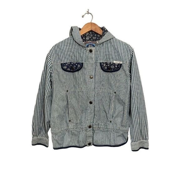 Pacific Trail Mixed Print Jacket Womens XL‎ Hooded Gingham Plaid Stripes Blue - Picture 1 of 7